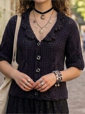 Vintage Handknits Eastwinds Black 100% Cotton Cardigan, Chunky Cable Knit